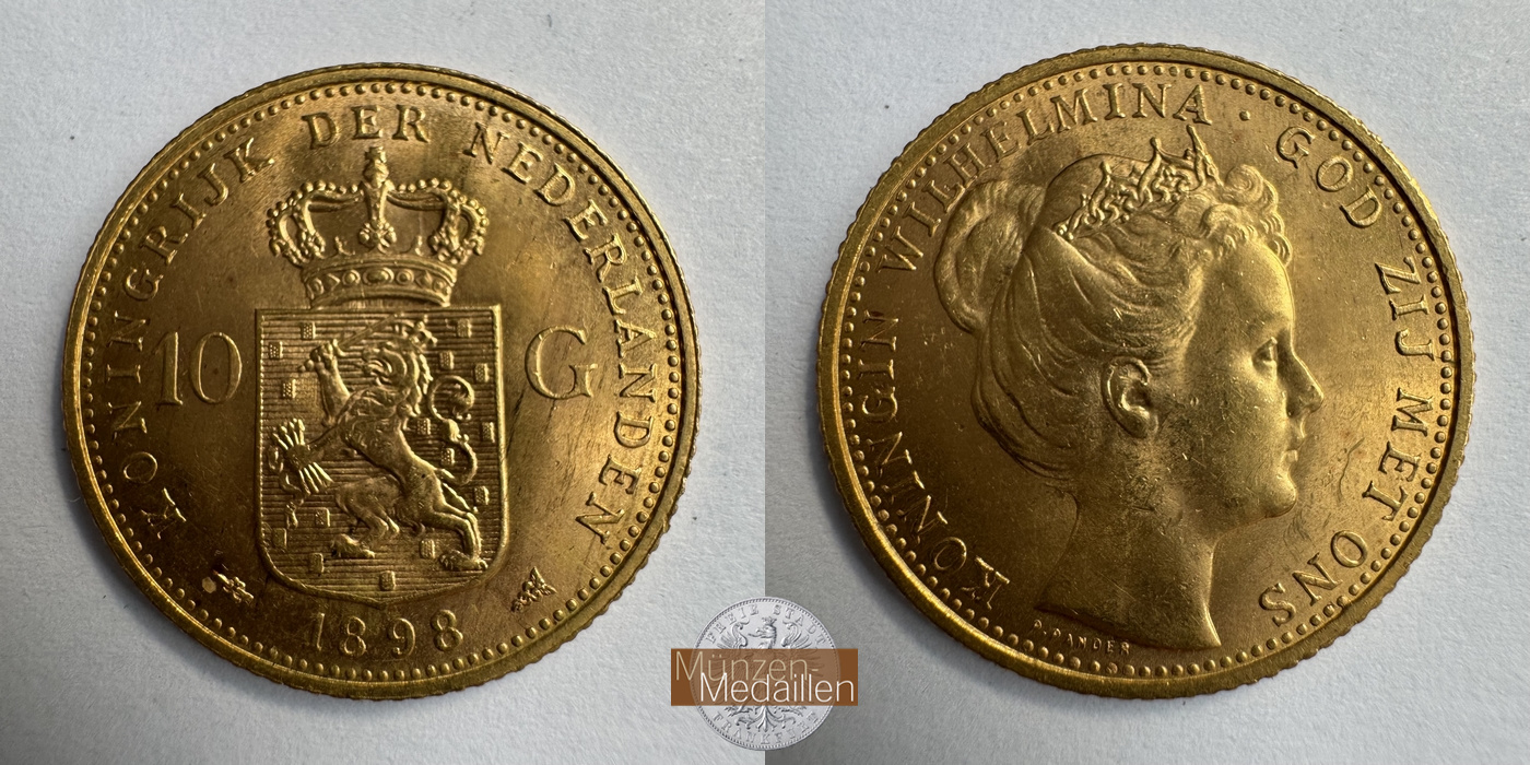 Niederlande, Wilhelmina I MM-Frankfurt KM#124 Feingold: 6,05g 10 Gulden 1898 