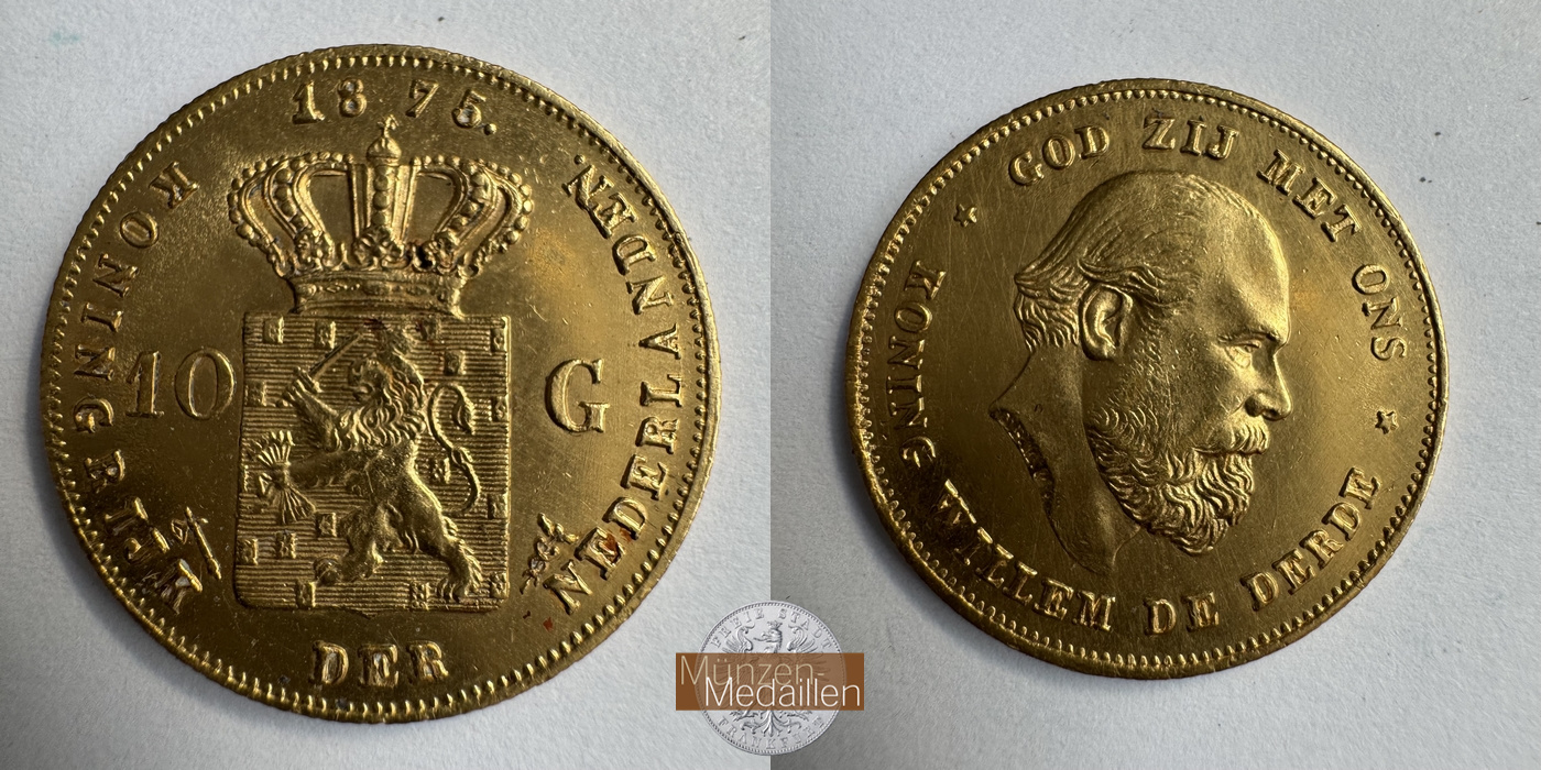 Niederlande, Willem III. MM-Frankfurt KM#105 Feingold: 6,06g 10 Gulden 1875 