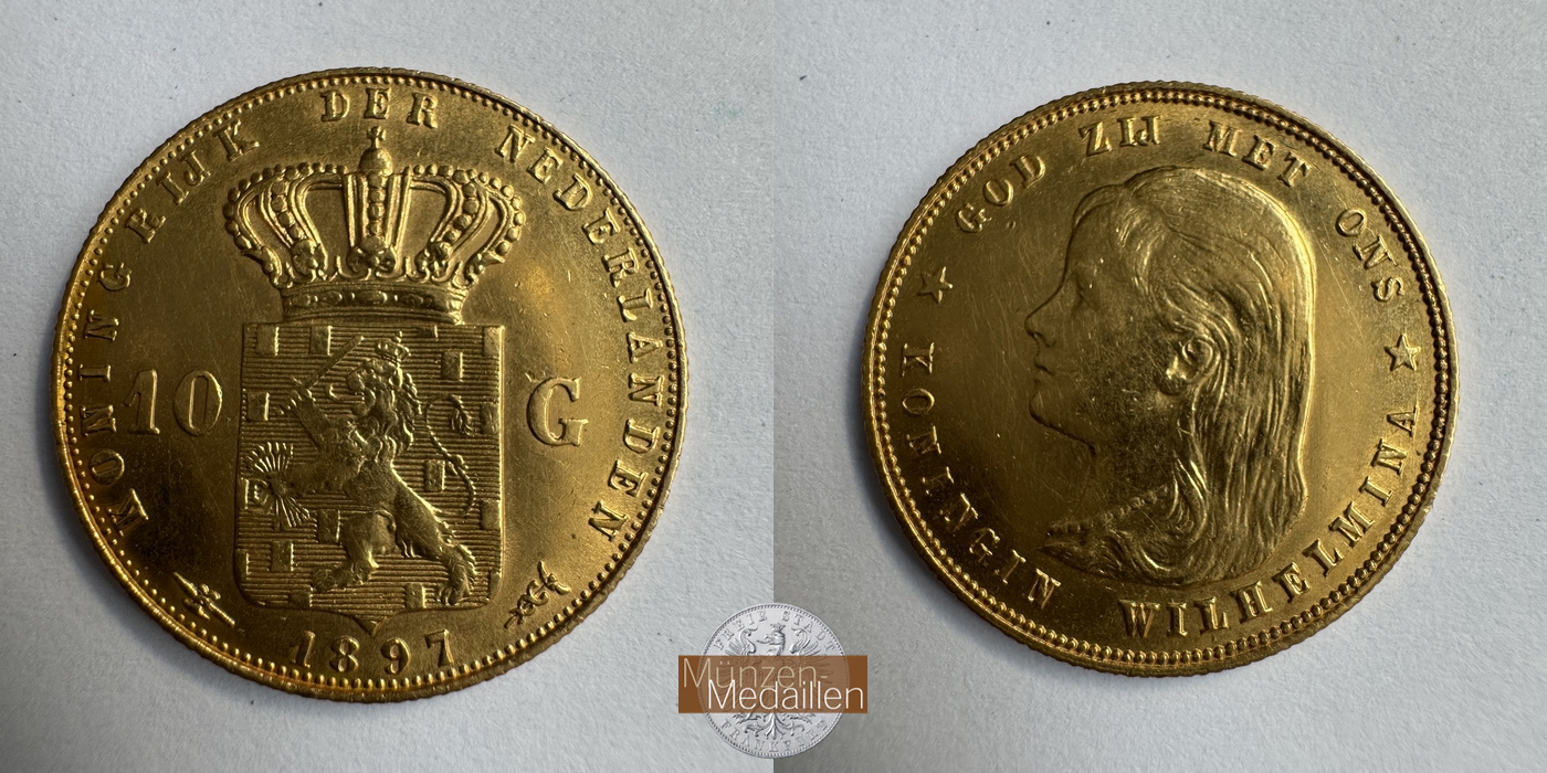 Niederlande, Wilhelmina I MM-Frankfurt KM#118 Feingold: 6,05g 10 Gulden (1892-1897) 1897 