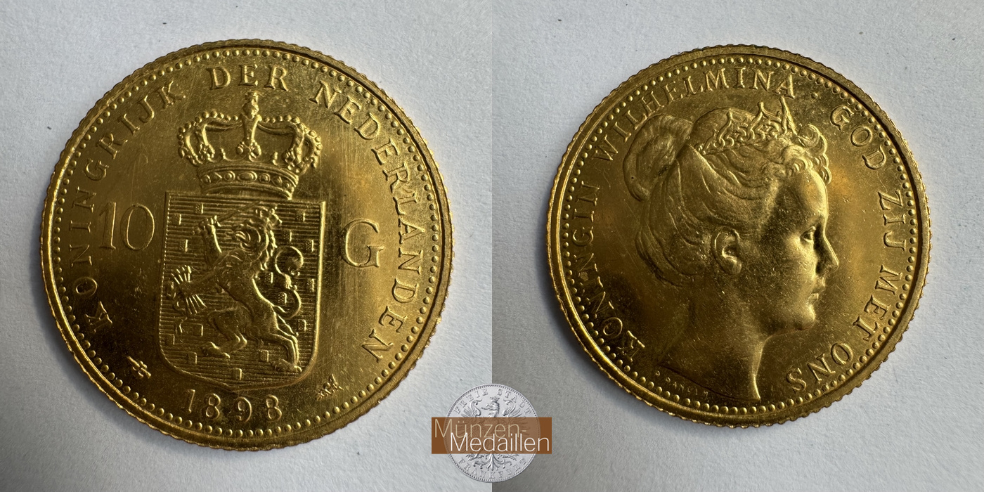 Niederlande, Wilhelmina I MM-Frankfurt KM#124 Feingold: 6,05g 10 Gulden 1898 