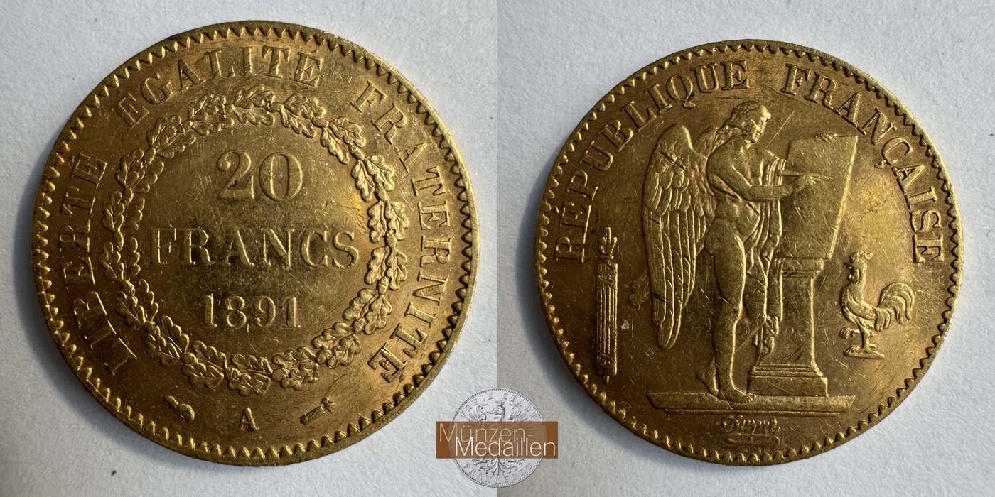  Republik Frankreich, 20 Francs 1891 A (1871-1898) MM-Frankfurt KM#825 Feingold: 5,81g   