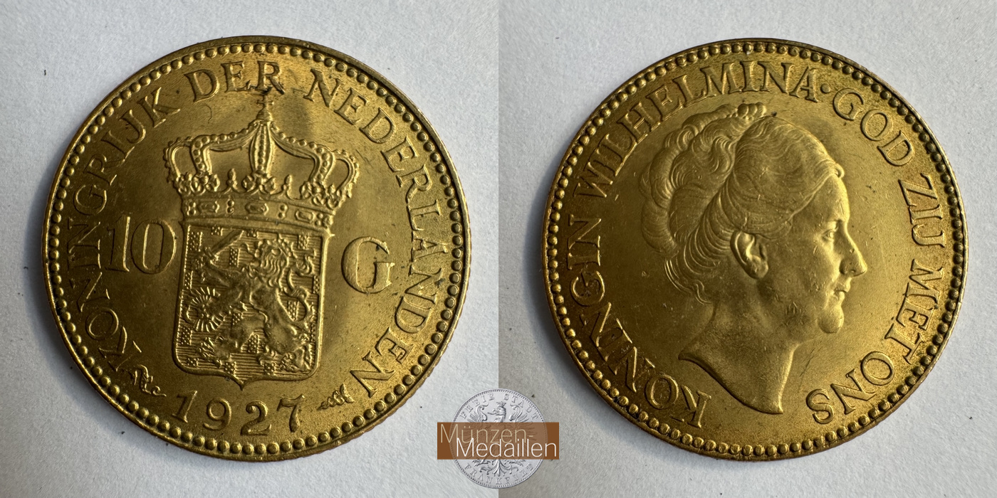 Niederlande, Wilhelmina I MM-Frankfurt KM#162 Feingold: 6,05g 10 Gulden (1925-1933) 1927 