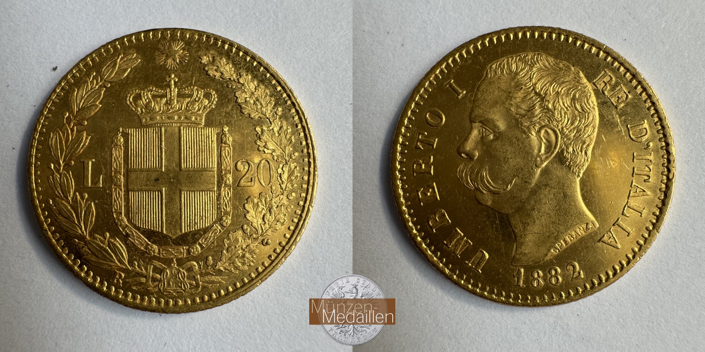 Italien, Umberto I MM-Frankfurt KM#21 Feingold: 5,81g 20 Lire (1879-1897) 1882 R 