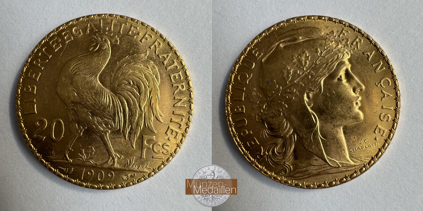  Republik Frankreich, 20 Francs 1909 (1907-1914) MM-Frankfurt KM#857 Feingold: 5,81g   