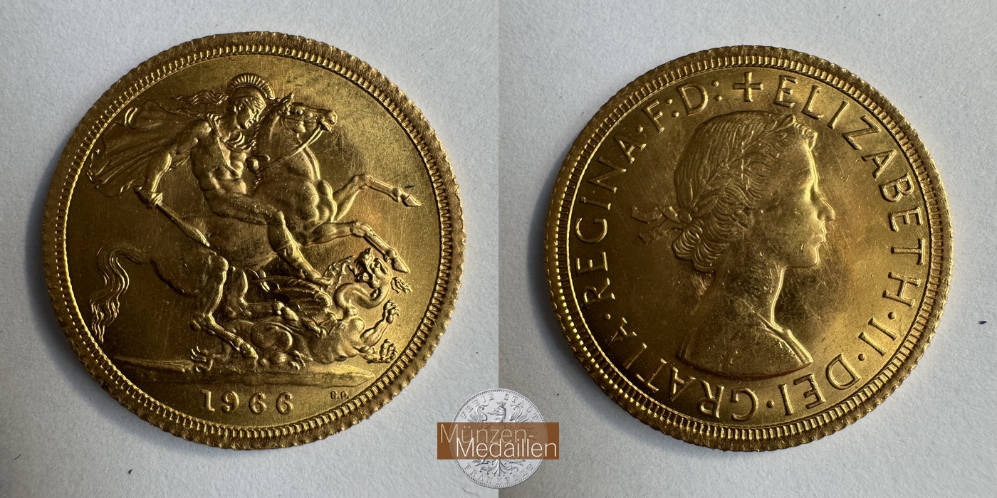 Grossbritannien, Elisabeth II MM-Frankfurt KM#908 Feingold: 7,34g 1 Sovereign (1957-1968) 1966 