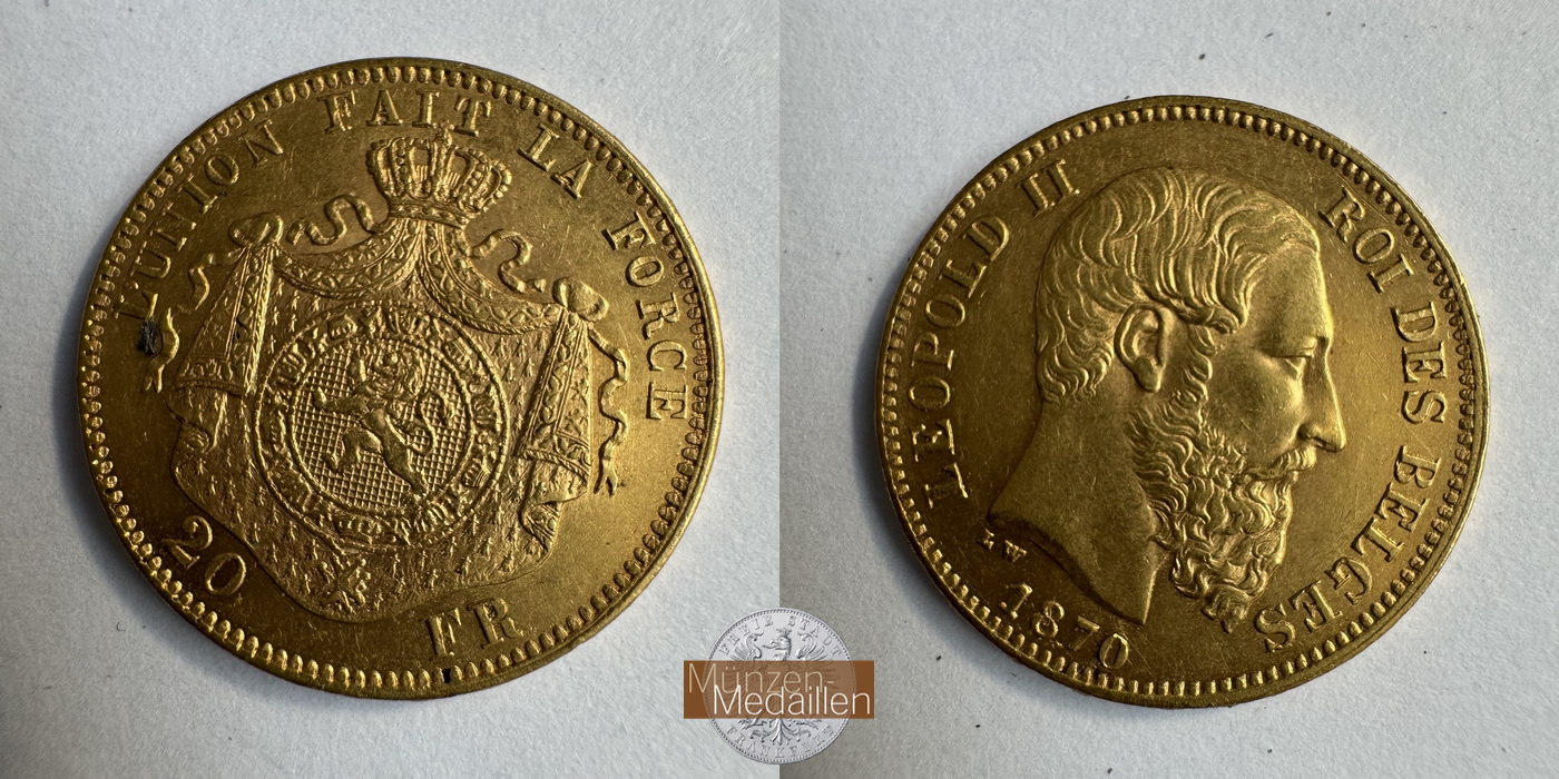Belgien, Leopold II MM-Frankfurt KM#37 Feingold: 5,81g 20 Francs (1870-1882) 1870 