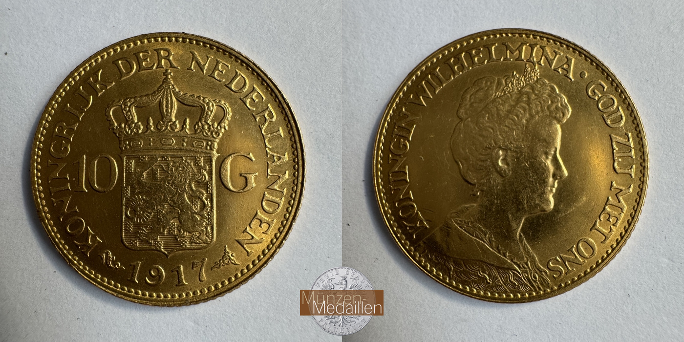 Niederlande, Wilhelmina I MM-Frankfurt KM#149 Feingold: 6,05g 10 Gulden (1911-1917) 1917 