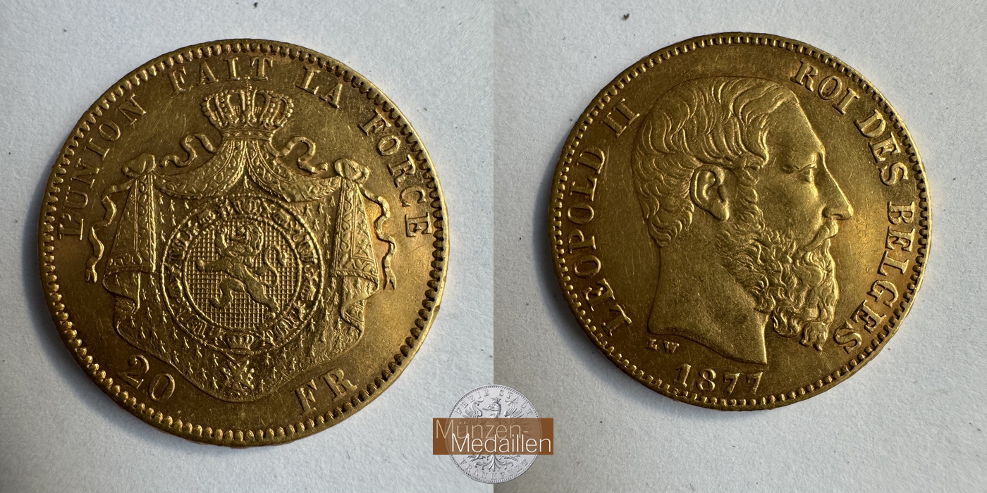 Belgien, Leopold II MM-Frankfurt KM#37 Feingold: 5,81g 20 Francs (1870-1882) 1877 