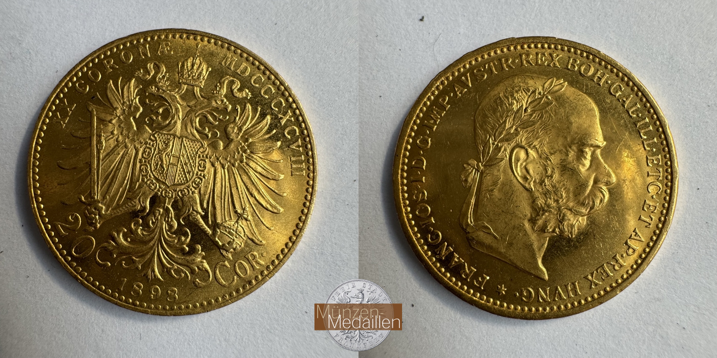 Österreich, Franz Joseph I MM-Frankfurt KM#2806 Feingold: 6,10g 20 Kronen (1892-1905) 1898 