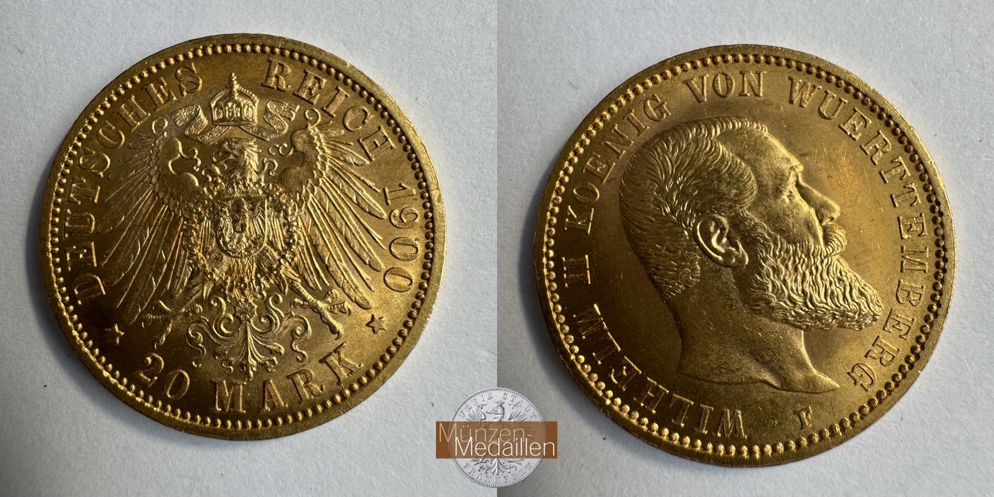 Dt. Kaiserreich Württemberg, MM-Frankfurt KM#634 Feingold: 7,17g Wilhelm II 20 Mark 1900 F 