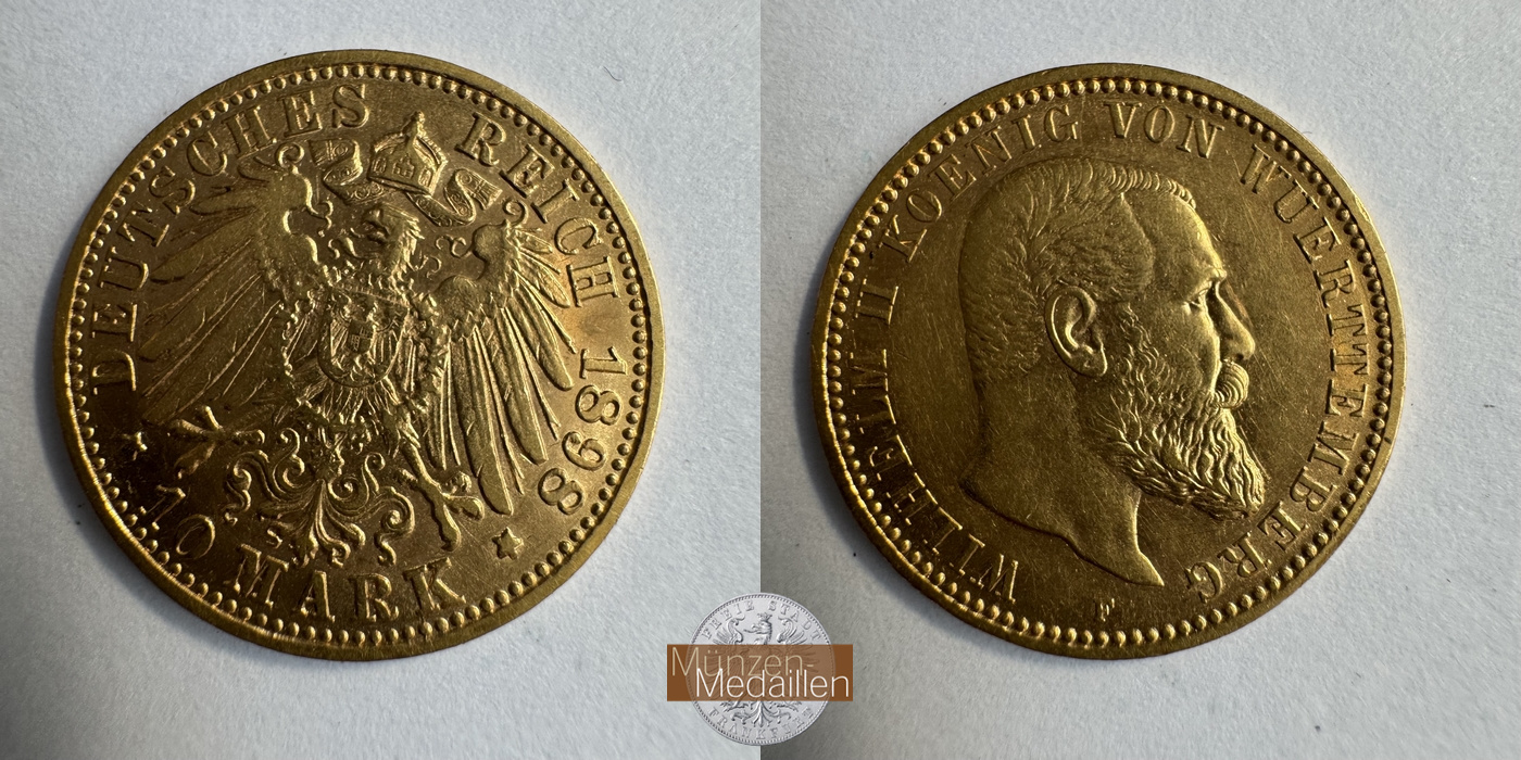 Dt. Kaiserreich Württemberg, Wilhelm II MM-Frankfurt KM#633 Feingold: 3,58g 10 Mark (1893-1913) 1898 F 