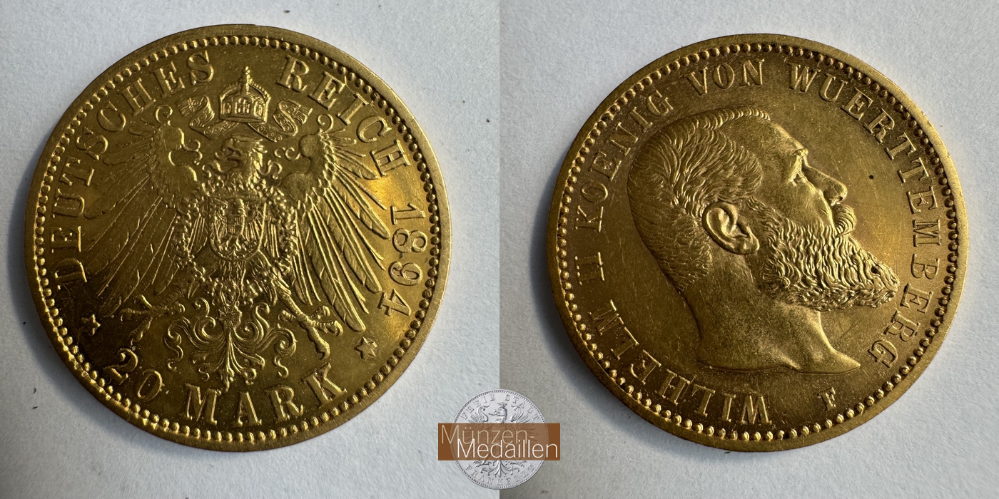 Dt. Kaiserreich Württemberg, Wilhelm II MM-Frankfurt KM#634 Feingold: 7,17g 20 Mark (1894-1914) 1894 F 