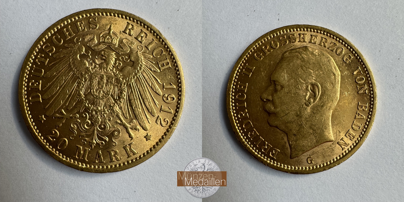 Dt. Kaiserreich Baden, Friedrich II MM-Frankfurt KM#284 Feingold: 7,17g 20 Mark (1911-1914) 1912 G 
