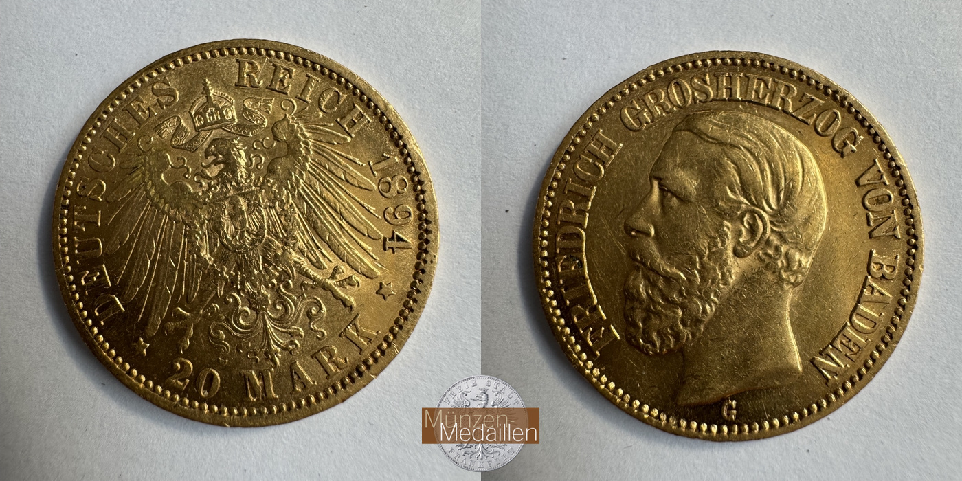 Dt. Kaiserreich Baden, Friedrich I MM-Frankfurt KM#270 Feingold: 7,17g 20 Mark (1894-1895) 1894 G 
