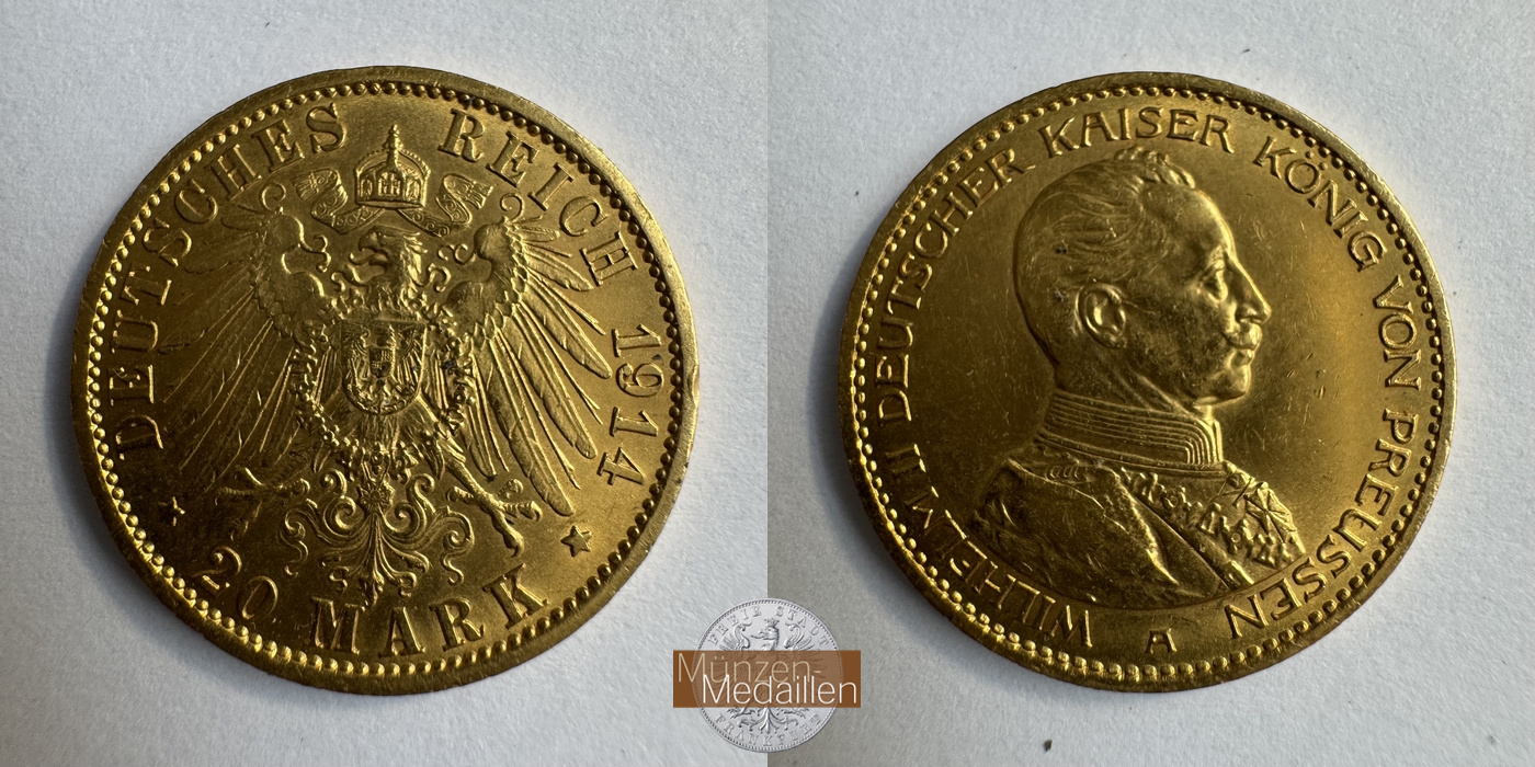 Preussen Kaiserreich, Wilhelm II Uniform MM-Frankfurt KM#537 Feingold: 7,17g 20 Mark (1913-1915) 1914 A 