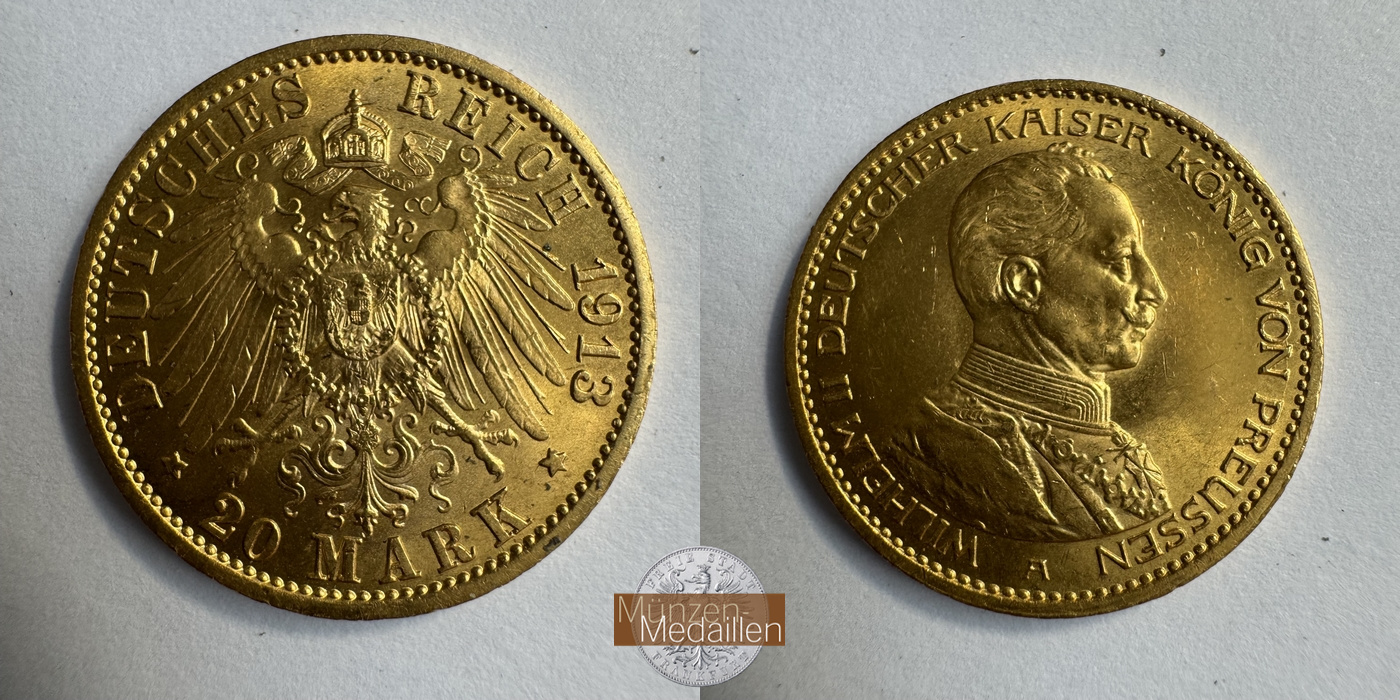 Preussen Kaiserreich, Wilhelm II Uniform MM-Frankfurt KM#537 Feingold: 7,17g 20 Mark (1913-1915) 1913 A 