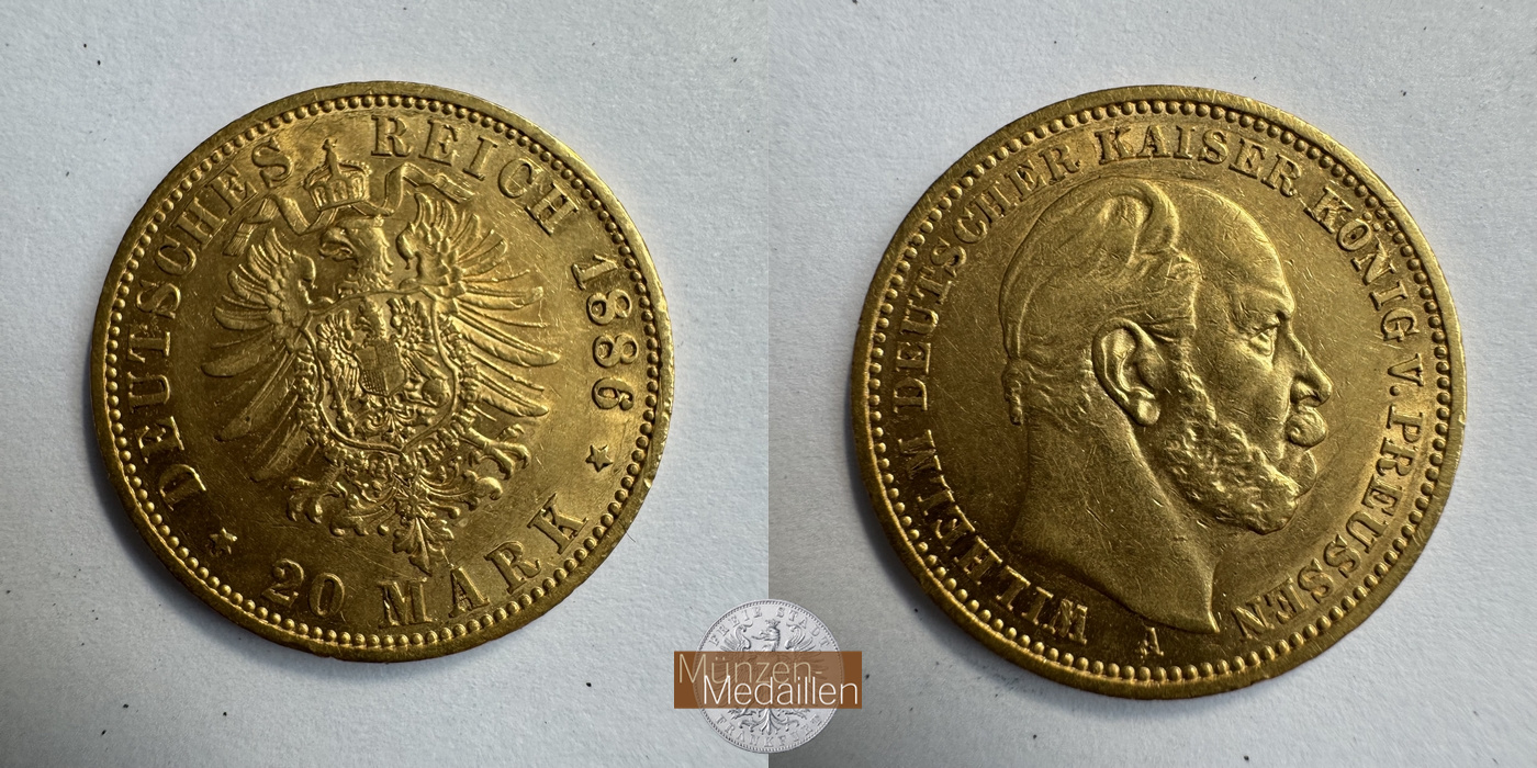 Dt. Kaiserreich Preussen, Wilhelm I. MM-Frankfurt KM#505 Feingold: 7,17g 20 Mark (1874-1888) 1886 A 