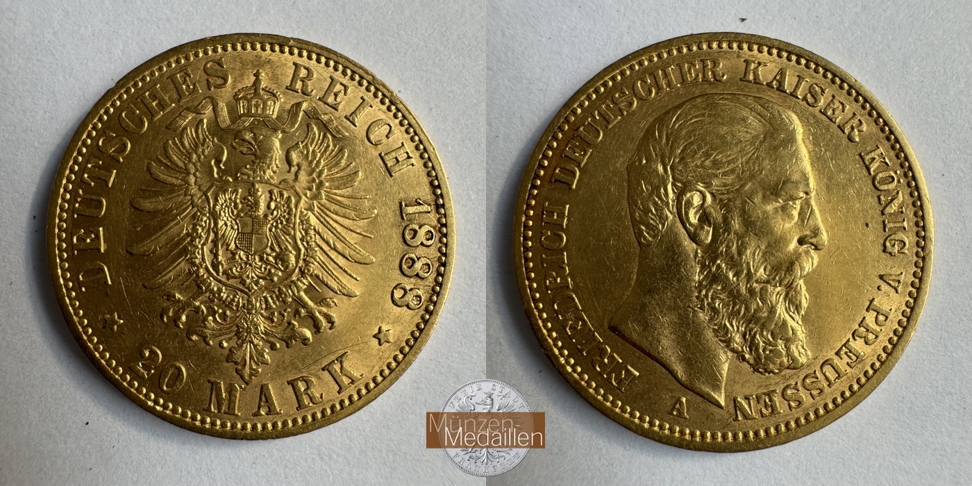 Dt. Kaiserreich Preussen, Friedrich III MM-Frankfurt KM#515 Feingold: 7,17g 20 Mark 1888 A 