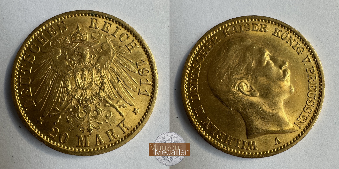 Dt. Kaiserreich Preussen, Wilhelm II MM-Frankfurt KM#521 Feingold: 7,17g 20 Mark (1890-1913) 1911 A 
