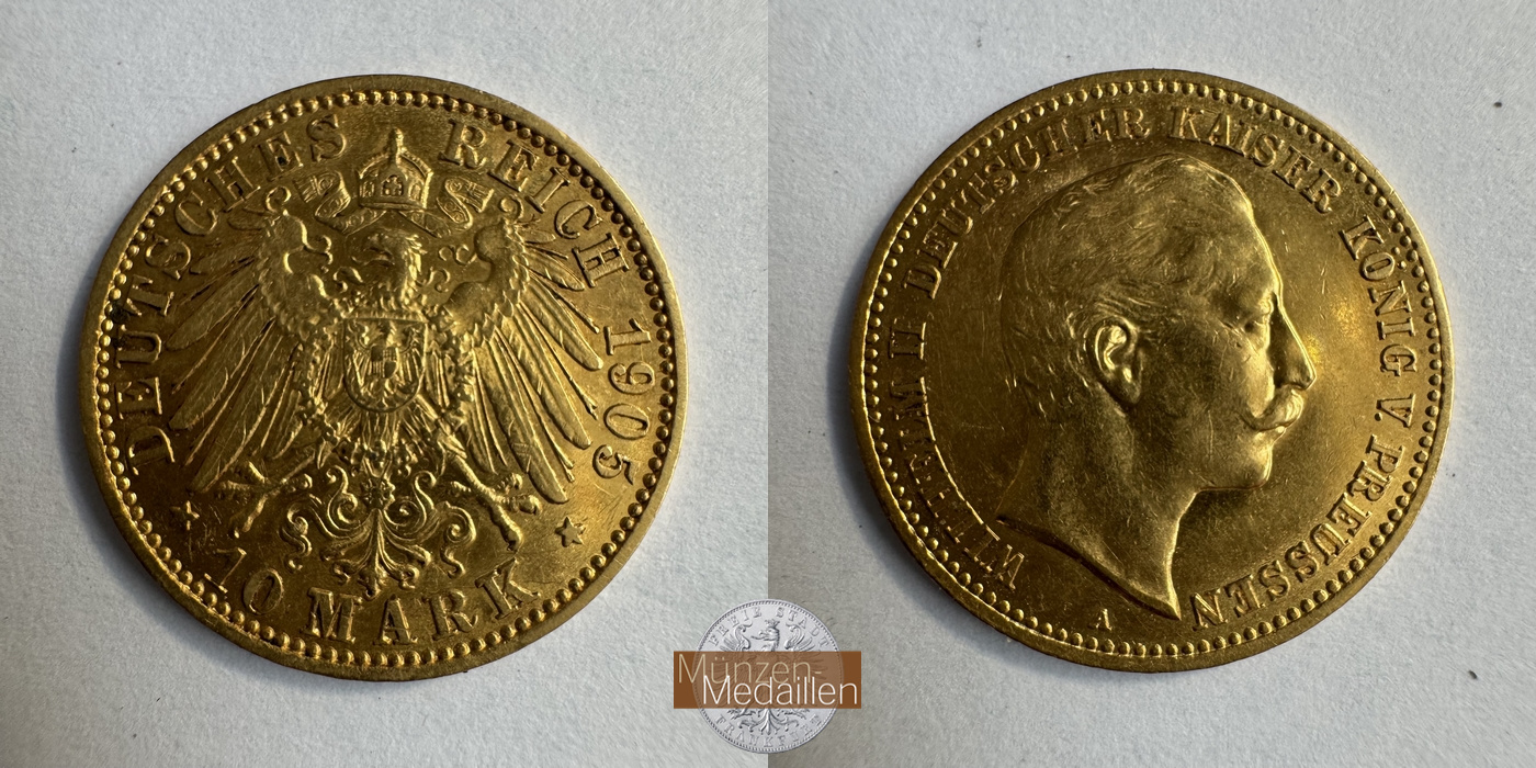 Dt. Kaiserreich Preussen, Wilhelm II MM-Frankfurt KM#520 Feingold: 3,58g 10 Mark (1890-1912) 1905 A 