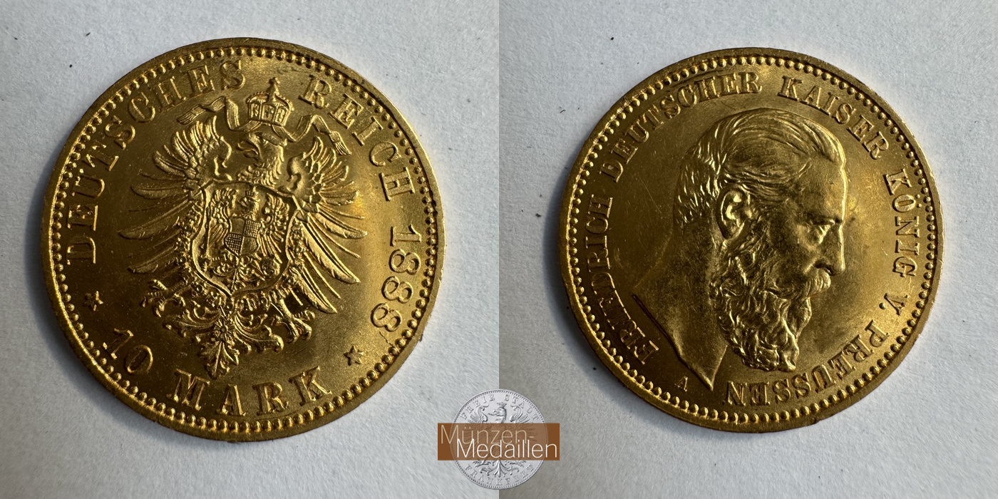  Dt. Kaiserreich Preussen, 10 Mark 1888 Freidrich III MM-Frankfurt KM#514 Feingold: 3,584g   
