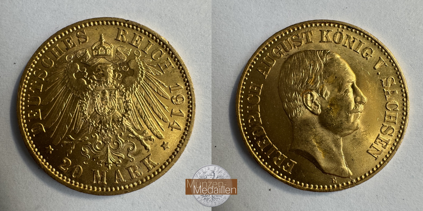 Dt. Kaiserreich Sachsen, Friedrich MM-Frankfurt KM#1265 Feingold: 7,17g August III 20 Mark (1905-1914) 1914 E 