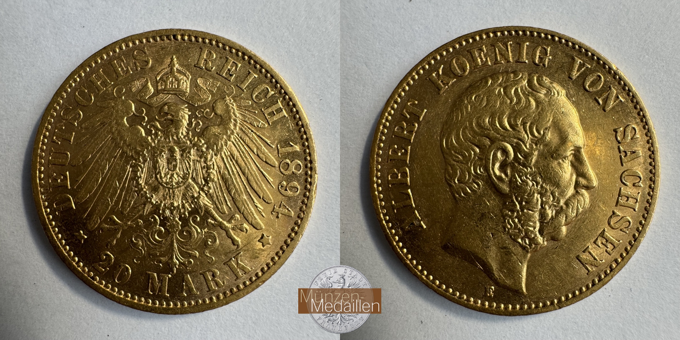 Dt. Kaiserreich Sachsen, Albert MM-Frankfurt KM#1248 Feingold: 7,17g 20 Mark (1894-1995) 1894 E 