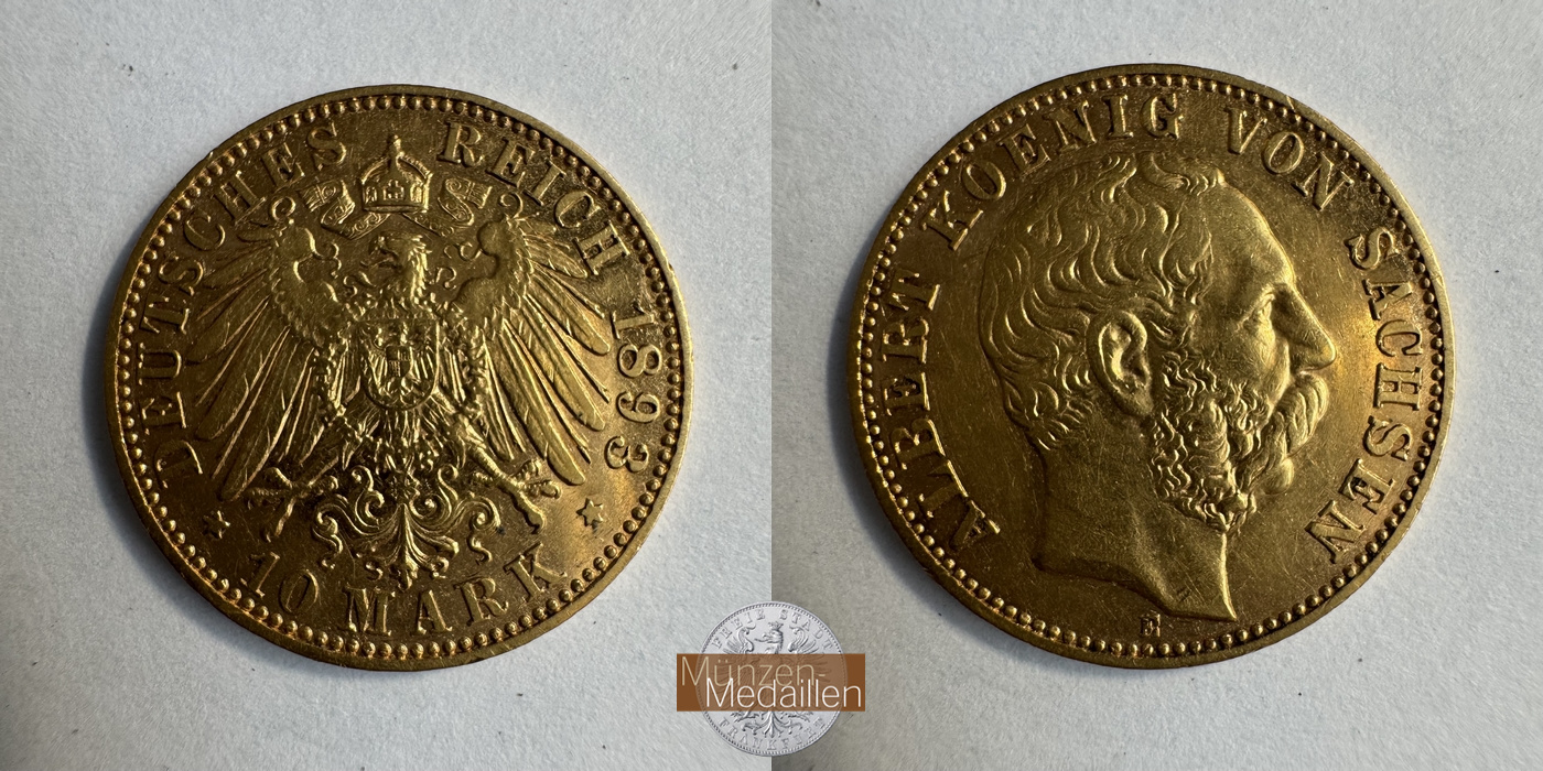 Dt. Kaiserreich Sachsen, Albert MM-Frankfurt KM#1247 Feingold: 3,58g 10 Mark (1891-1902) 1893 E 