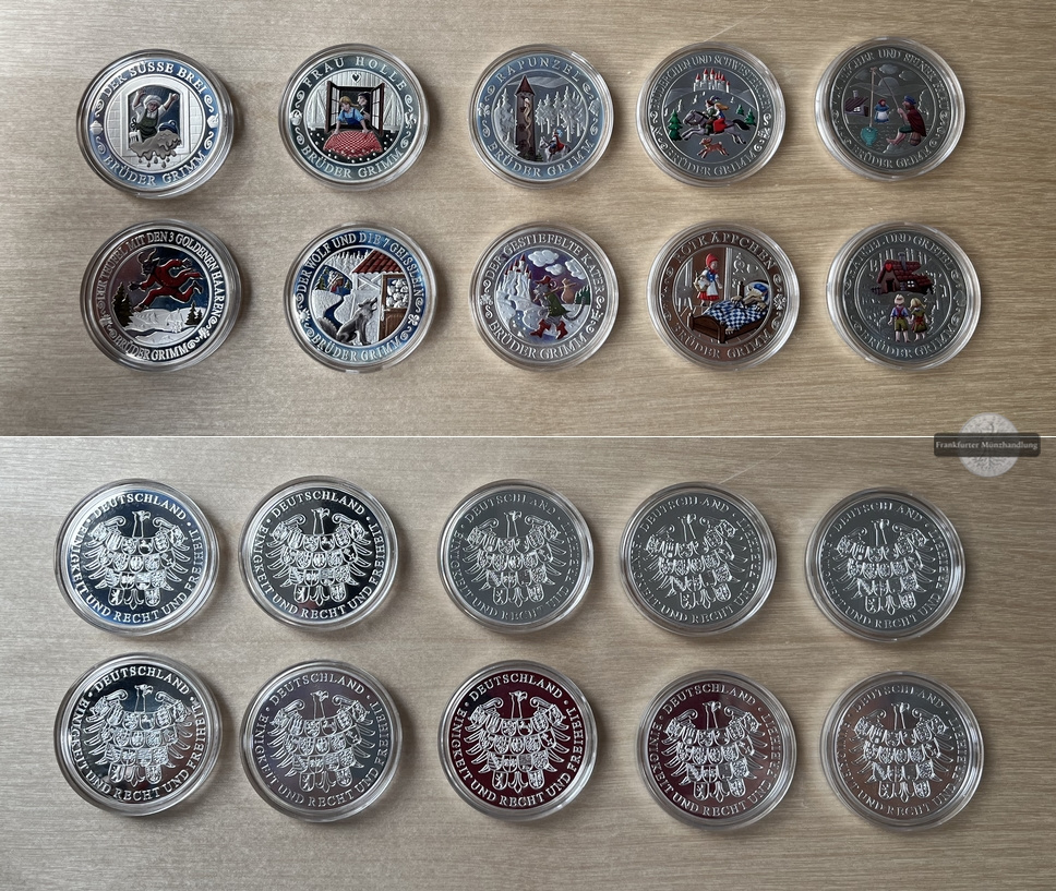  Deutschland 10x Medaille Deutsche Märchen - Brüder Grimm  FM-Frankfurt  Feinsilber ges.: 48,8g   
