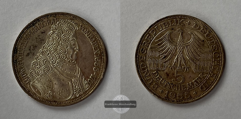  Deutschland 5 Deutsche Mark 1955 Markgraf von Baden KM#115 FM-Frankfurt Feinsilber: 7g   