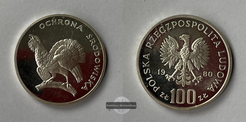 Polen 100 Zlotys 1980 Cappercaillie KM#Pr396 FM-Frankfurt  Feinsilber: 10,31g   