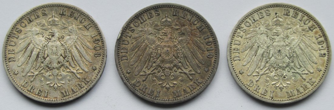  Kaiserreich: Preußen, 3 Mark Wilhelm II. (Jaeger 103), 3 Stück (1908 + 1910 + 1912)   