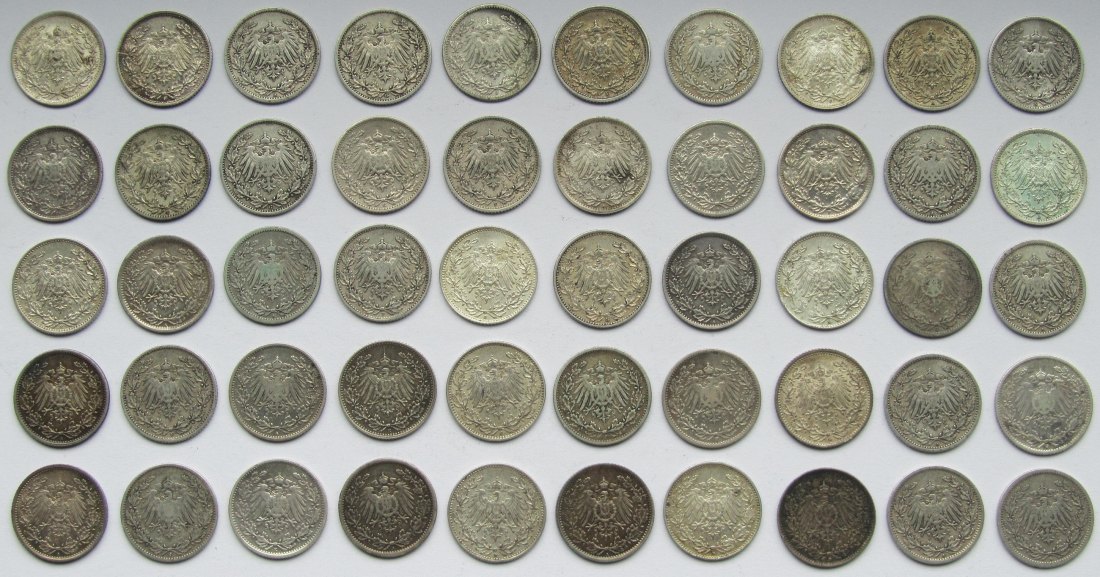  Kaiserreich: 50 x 1/2 Mark, zusammen 125 g Feinsilber   