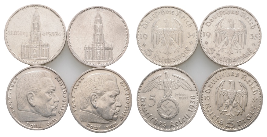  Drittes Reich; 4x 5 Reichsmark 1934 / 1935 / 1938   