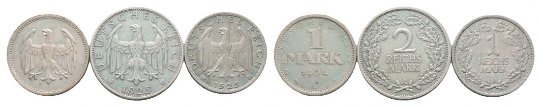  Weimarer Republik; 2x 1 Mark 1924 / 1925; 1x 2 Reichsmark 1925   