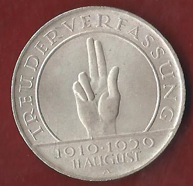  Weimar 3 Mark Schwurhand 1929 A Münzenankauf Koblenz Frank Maurer AI405   