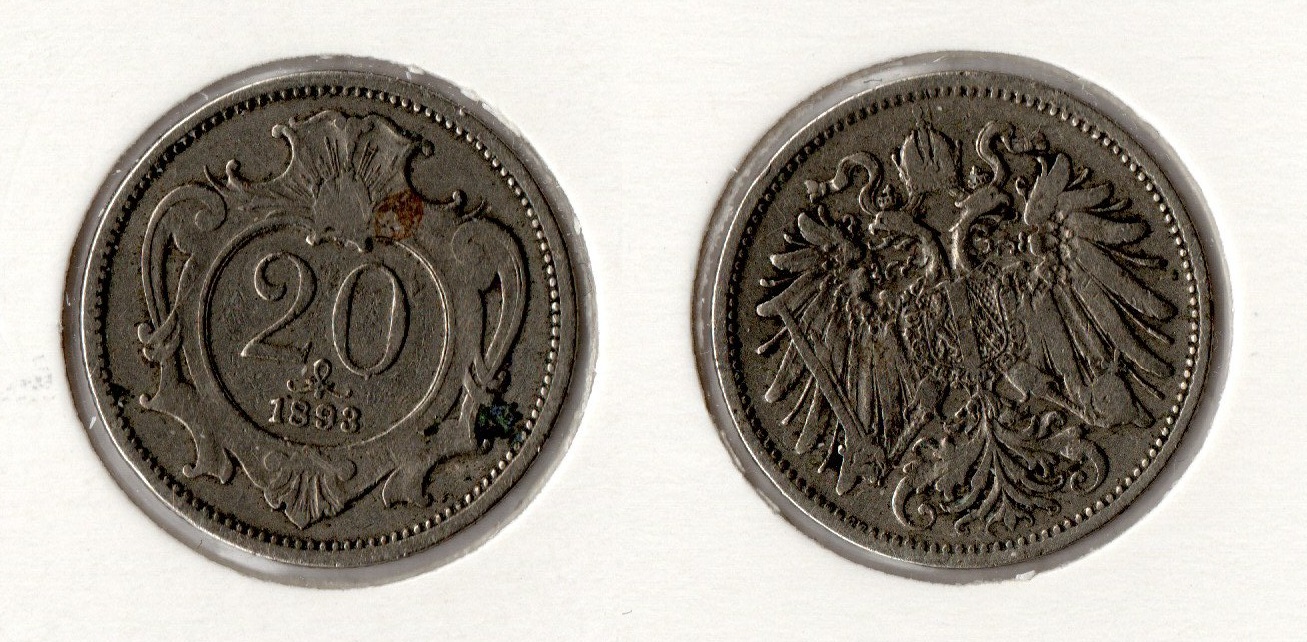  Österreich Kaiserreich 20 Heller 1893 F. Joseph I. (N) ss-vz   