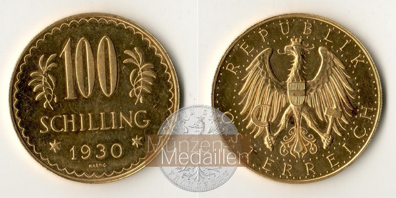 ÖSTERREICH, 1. Republik 1925-1938. MM-Frankfurt Feingold: 21,17g 100 Schilling 1930 