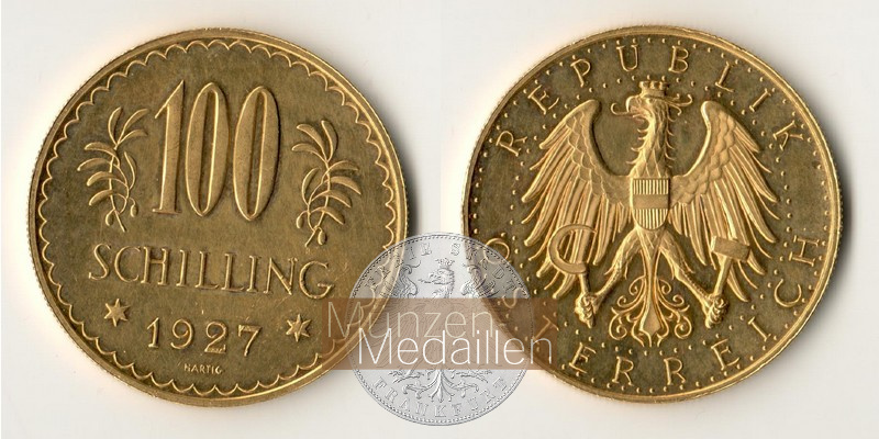 ÖSTERREICH, 1. Republik 1925-1938. MM-Frankfurt Feingold: 21,17g 100 Schilling 1927 