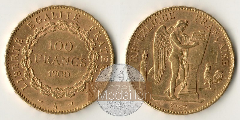 Frankreich MM-Frankfurt Feingold: 29,03g 100 Francs 1900 A 