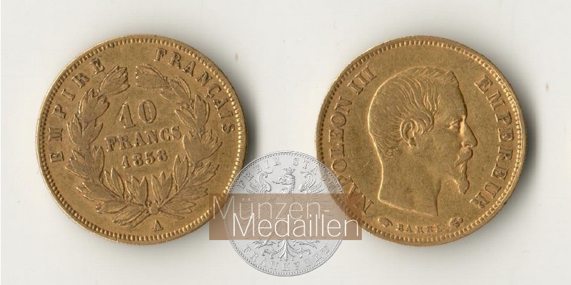 Frankreich MM-Frankfurt  Feingold: 2,90g 10 Francs 1858 A 