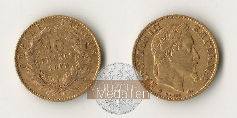 Frankreich MM-Frankfurt Feingewicht: 5,81g 20 Francs 1863 A 