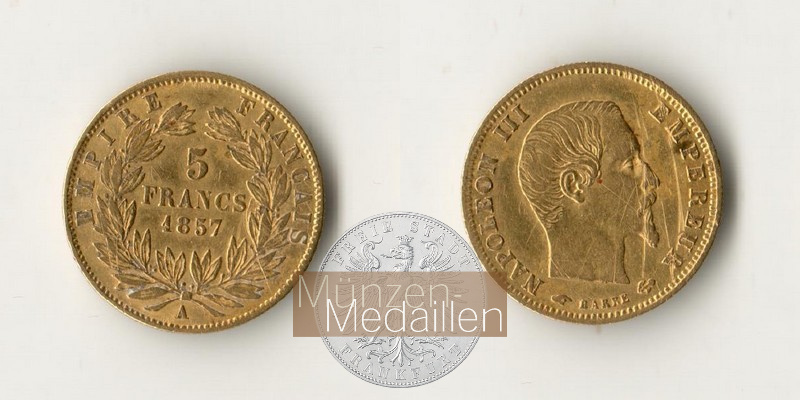 Frankreich MM-Frankfurt Feingold: 1,45g 5 Francs 1857 