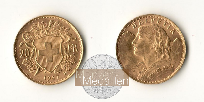 Schweiz  20sFR MM-Frankfurt Feingold: 5,81g Vreneli 1947 B 