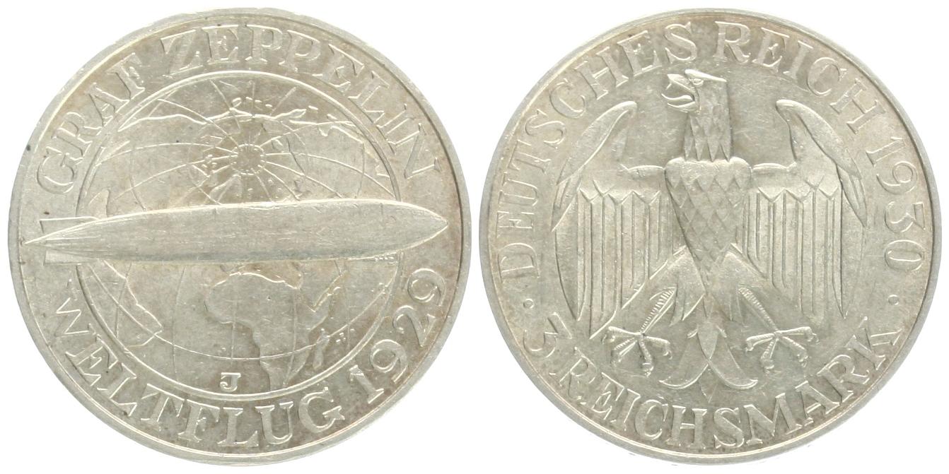  Weimarer Republik: 3 Mark 1930 J, auf Graf Zeppeling, Top-Erhaltung!! Siehe Bilder!   