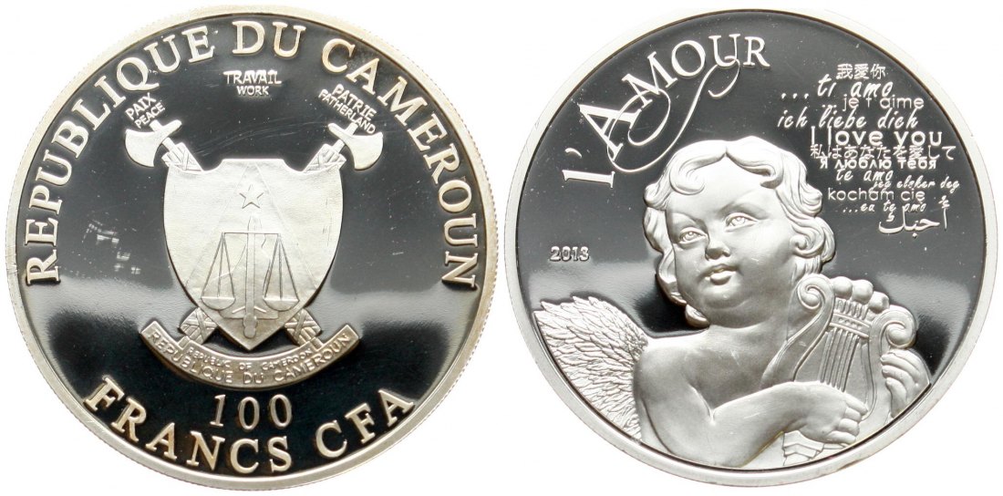  Kamerun: 100 Francs 2013 auf den Valentinstag, 28,82 gr Bronze vers., ø=39mm, NUR 2500 Exemplare!!   