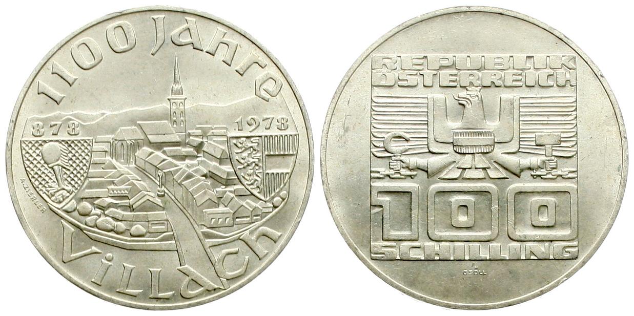  Österreich: 100 Schilling 1978 auf 1100 Jahre Villach, 23,93 gr. 640er Silber   