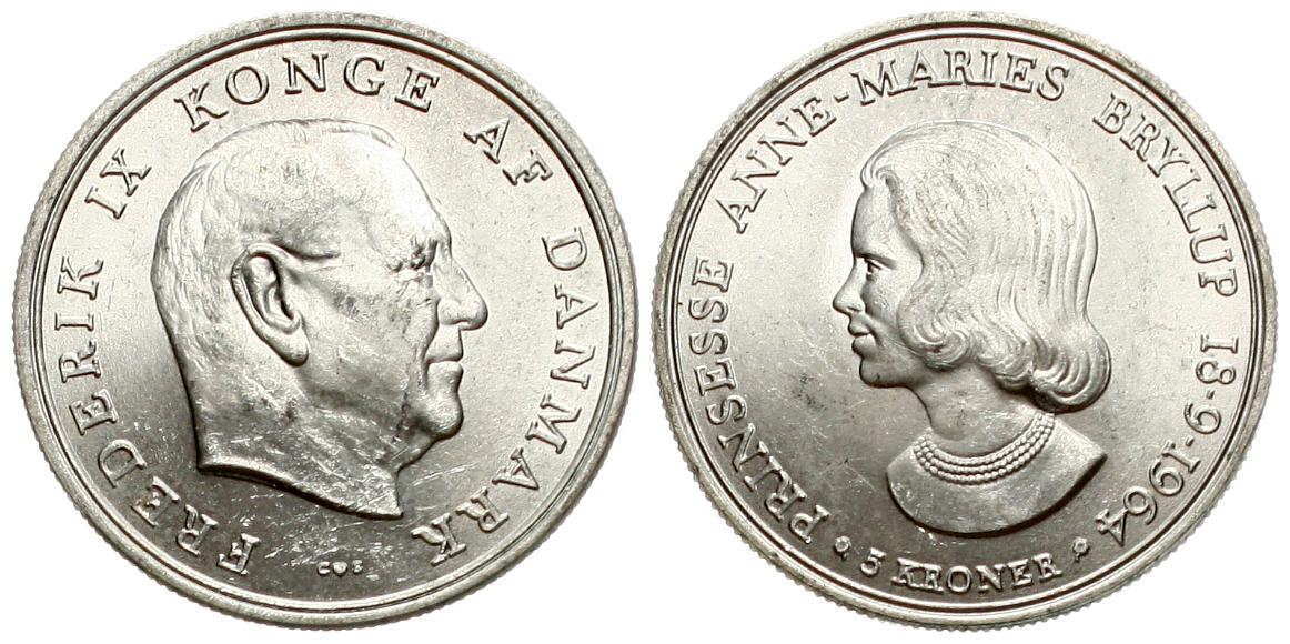  Dänemark: Frederik IX., 5 Kroner 1964, 17 gr. 800er Silber (13,60 gr. fein) Hochzeit Anne-Marie   