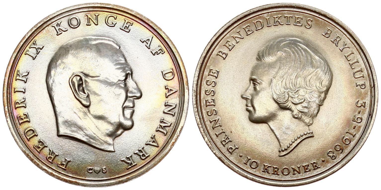  Dänemark: Frederik IX., 10 Kroner 1968, 20,4 gr. 800er Silber (16,32 gr. fein) Hochzeit Bendedikte   