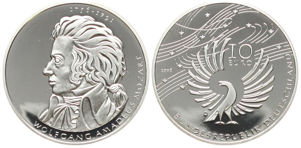 Deutschland: 10 € 2006 D Wolfgang Amadeus Mozart, 250. Geburtstag, stgl   